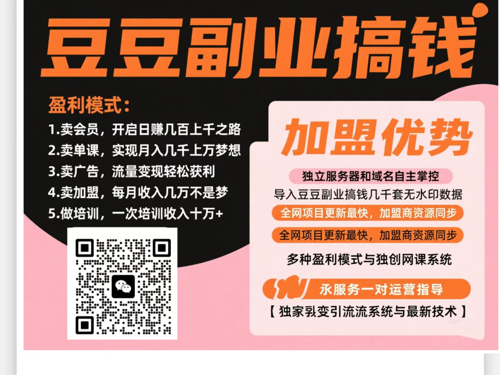 做项目不如卖项目,卖项目不如做网站!!! 豆豆副业搞钱-开放加盟,做一个与豆豆副业搞钱一样的知识付费赚钱模式!